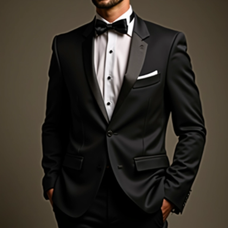 Noivo de smoking sem cinto, com as mãos nos bolsos.