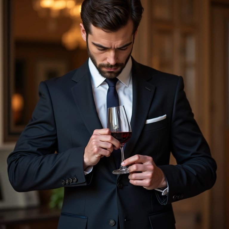 Noivo derramando vinho em traje alugado, preocupado com danos.