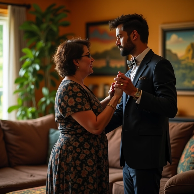 Noivo e mãe praticando coreografia simples em casa.