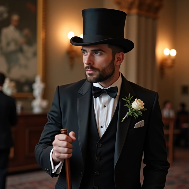 Noivo em traje rigor completo para casamento vintage.