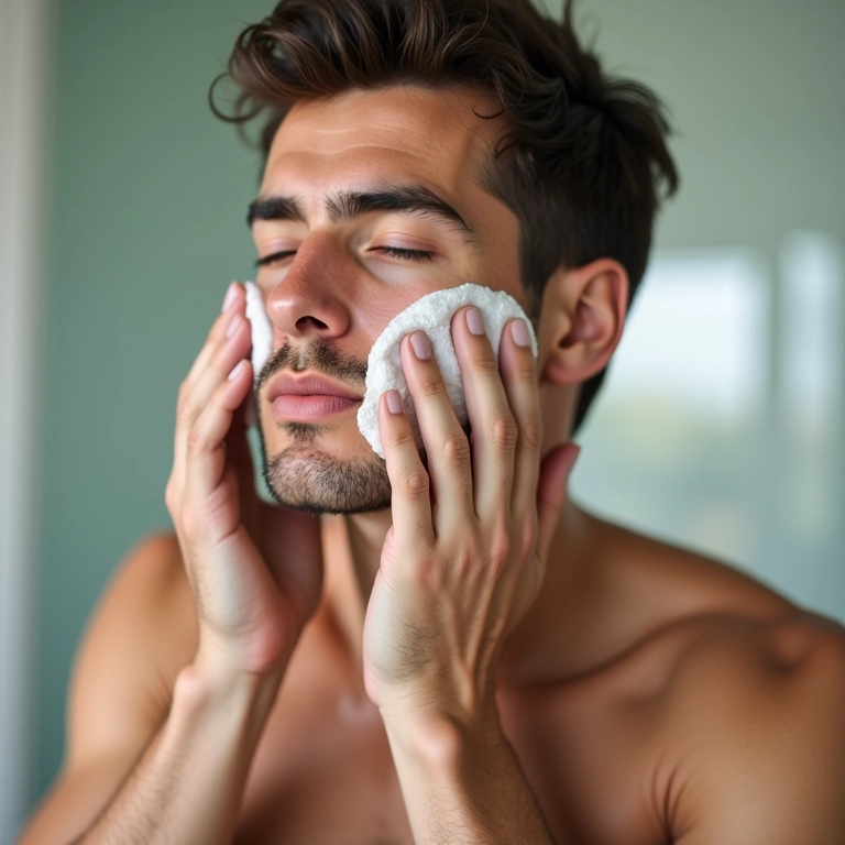 Noivo lavando o rosto com um produto de limpeza facial suave.