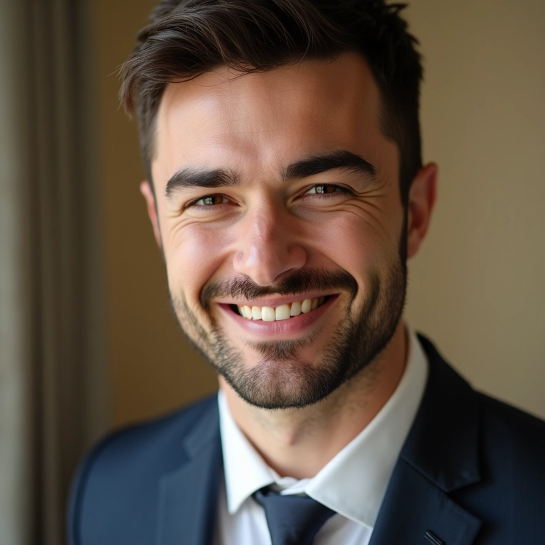 Noivo sorrindo com sobrancelhas bem cuidadas para o dia do casamento.