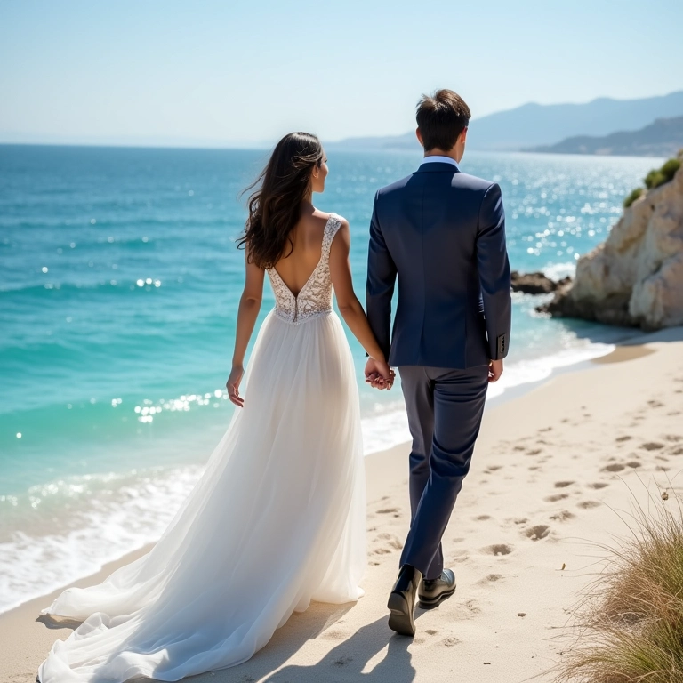 Noivos caminhando na praia da Riviera Francesa, casamento glamouroso.