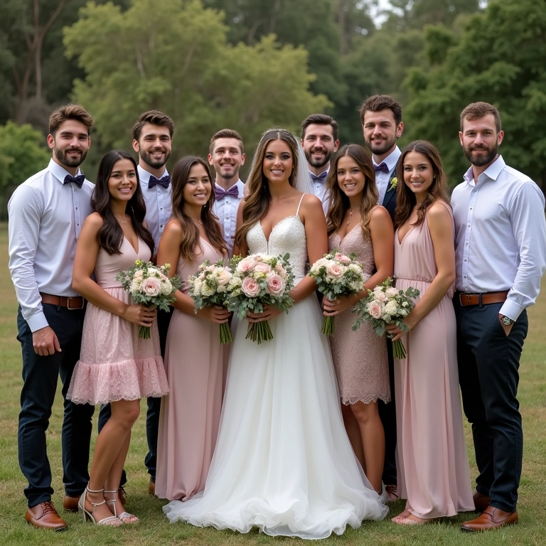 Noivos com amigos e familiares em fotos protocolares.