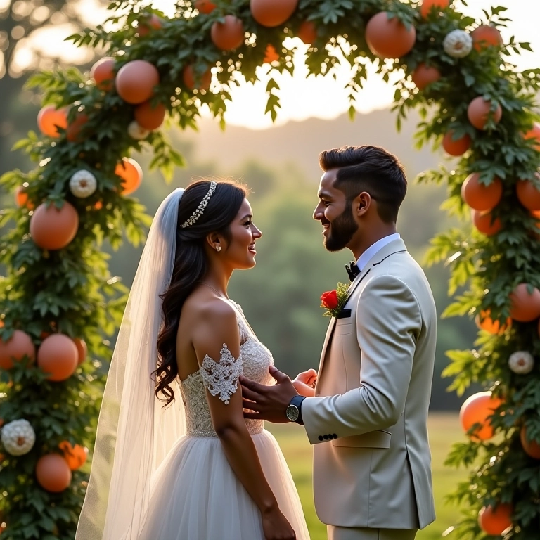 Noivos discutindo arcos de balões orgânicos no casamento.