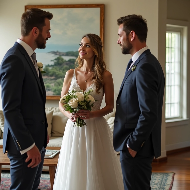 Noivos discutindo o vídeo de casamento com o videógrafo.