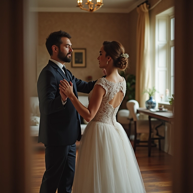 Noivos ensaiando coreografia do casamento na sala de casa.