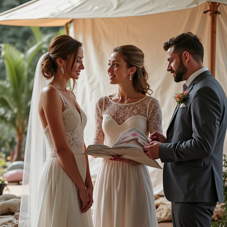 Noivos escolhendo a tenda ideal com ajuda de planejador de casamento.