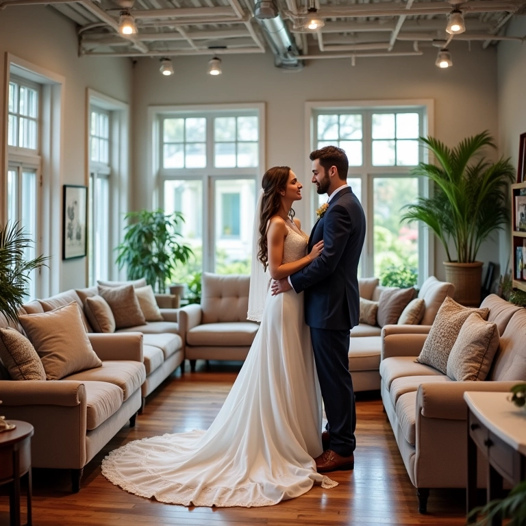 Noivos escolhendo móveis para alugar para o casamento.