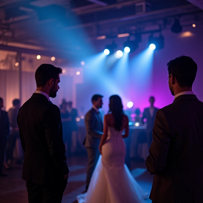 Noivos escolhendo moving heads com um designer de iluminação profissional.