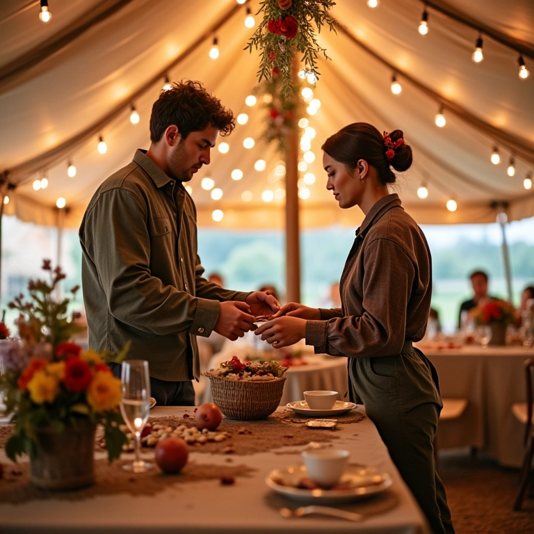 Noivos personalizando tenda com decoração estilo Farm Rio.