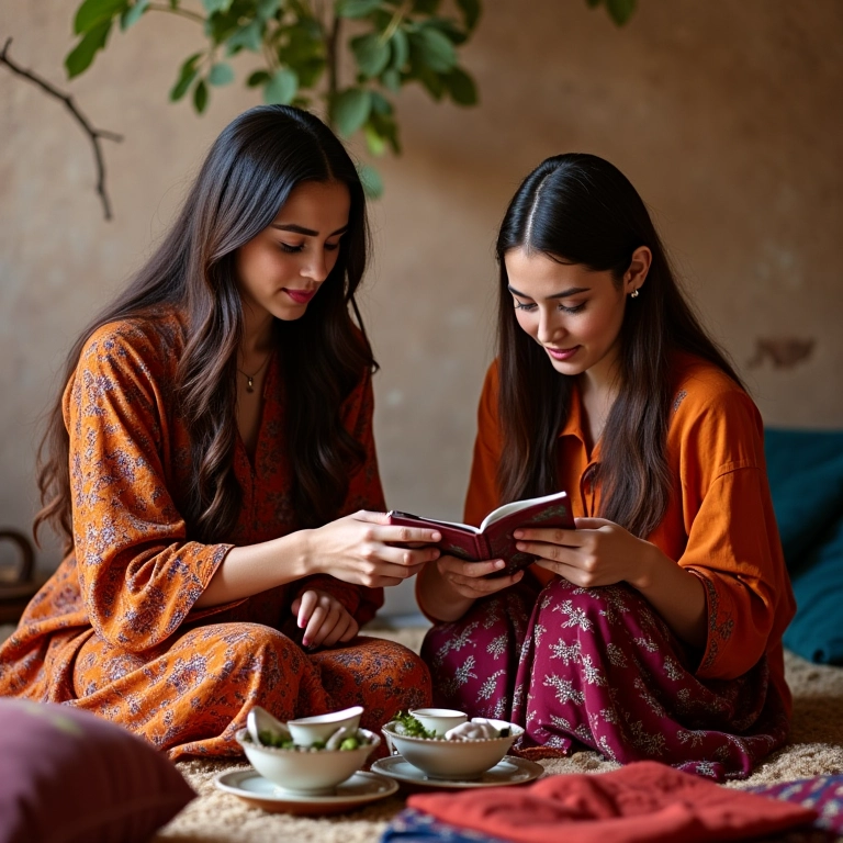 Noivos planejando o casamento no Marrocos com um organizador, tomando chá.