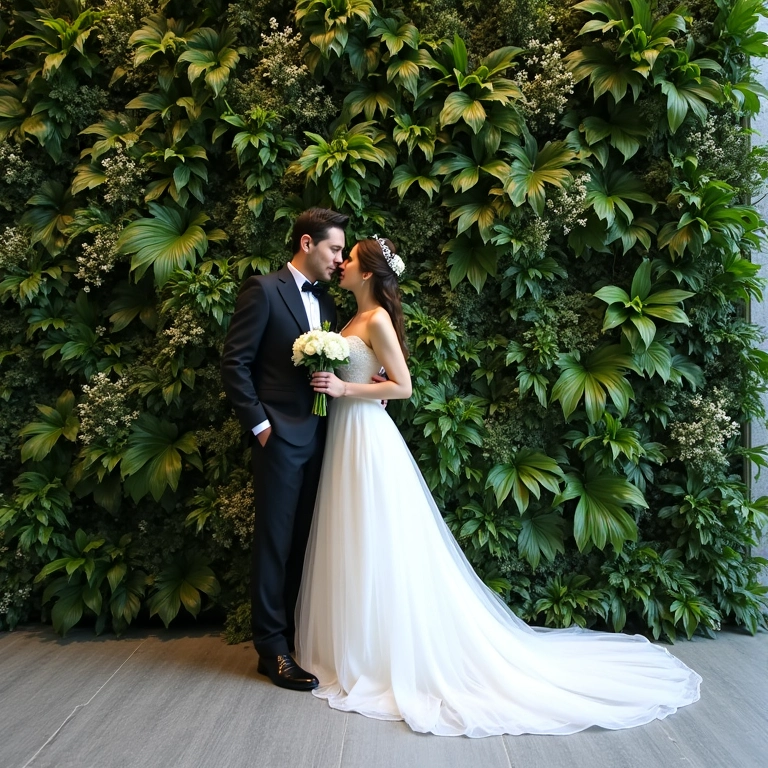 Noivos posando em frente a um belo jardim vertical em seu casamento.