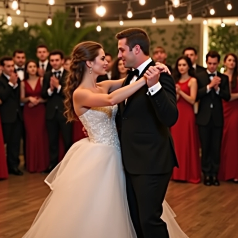 Noivos realizando uma coreografia surpresa com dançarinos profissionais no casamento.