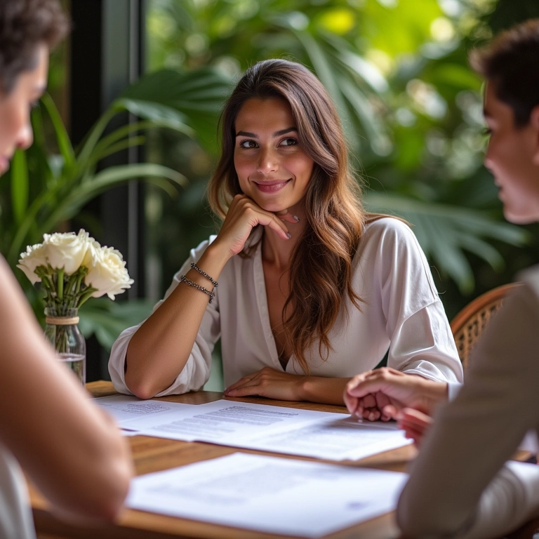 Noivos reunidos com fornecedores de casamento, como florista e buffet.