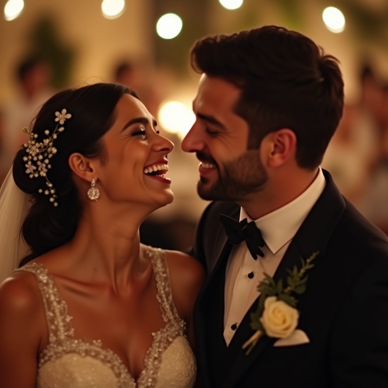 Noivos rindo espontaneamente durante a recepção do casamento.
