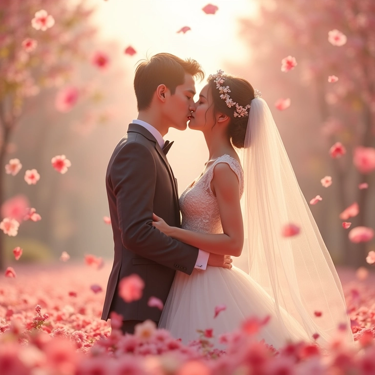 Noivos rodeados por pétalas de flores caindo, ambiente romântico.