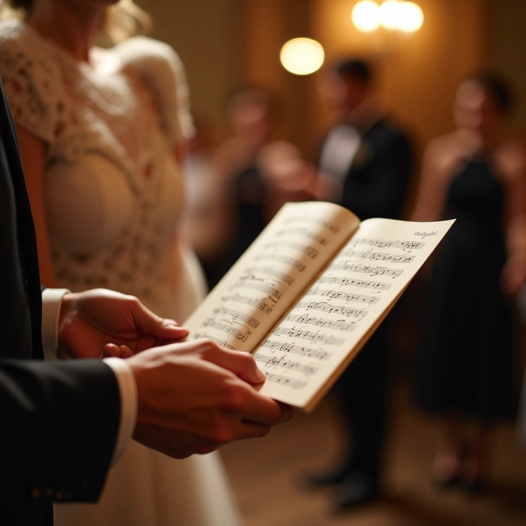 Noivos segurando partitura musical em casamento, simbolizando a importância da música.