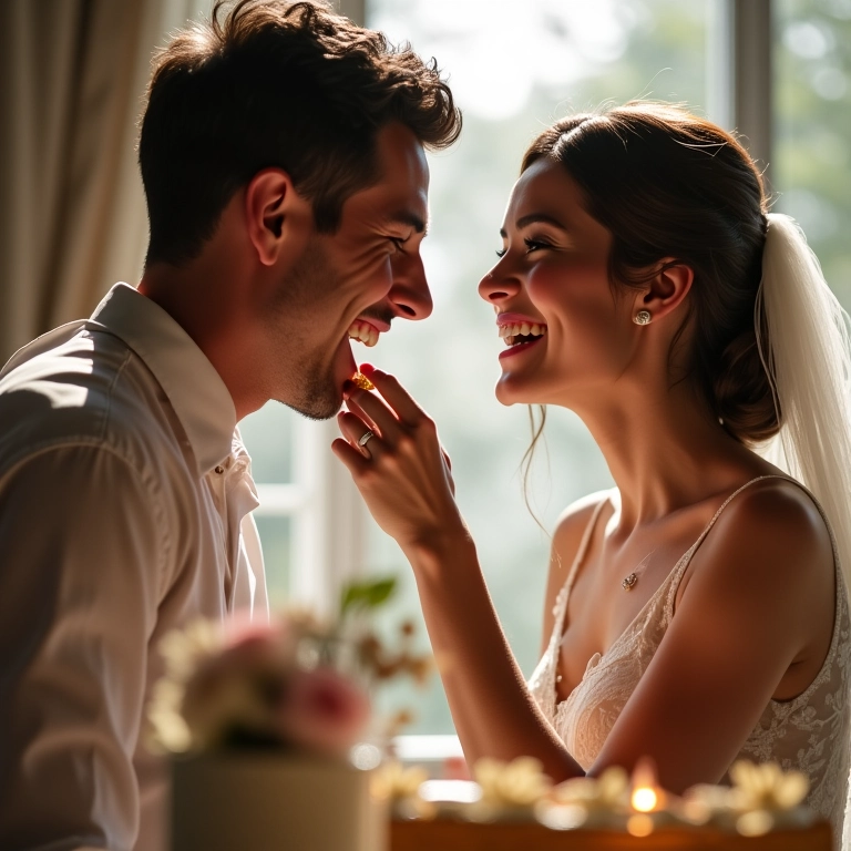 Noivos trocam o primeiro pedaço de bolo com carinho.