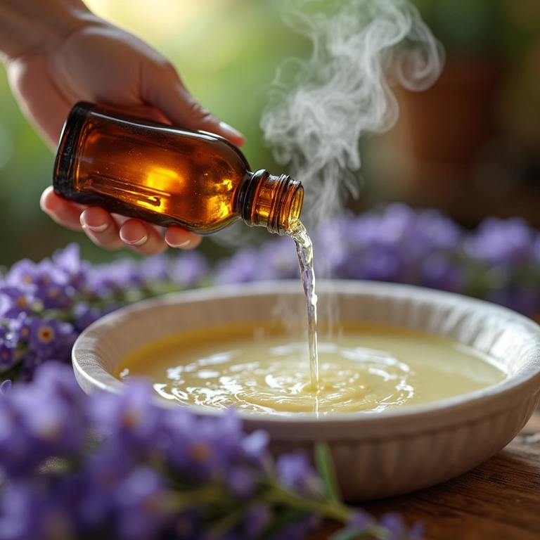 Óleos essenciais aromáticos sendo adicionados à água do ofurô para uma experiência relaxante.