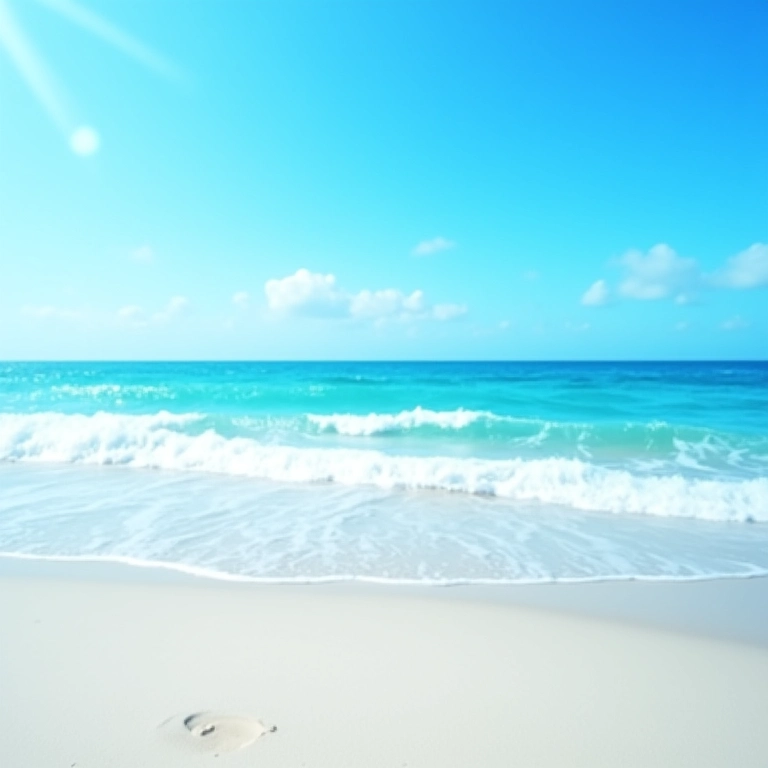 Ondas do mar azul quebrando na praia sob um céu azul claro.