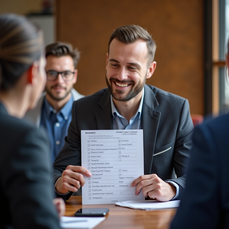 Organizador de despedida de solteiro planejando, usando uma lista de verificação em um escritório iluminado.