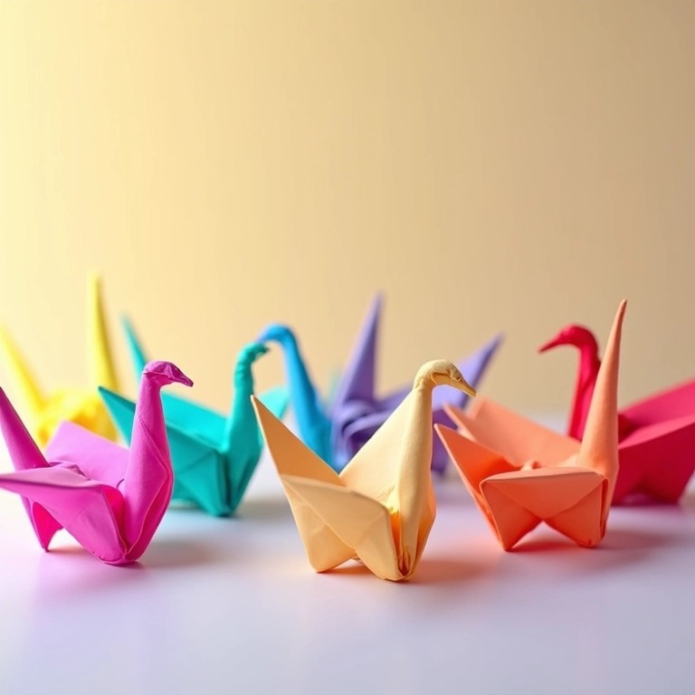 Origamis de tsuru em diferentes cores, organizados por tom.