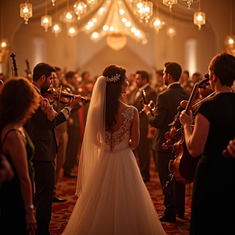 Orquestra completa tocando em casamento em espaço interno decorado.