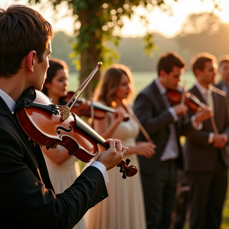 Orquestra de cordas tocando apenas na cerimônia de casamento ao ar livre.
