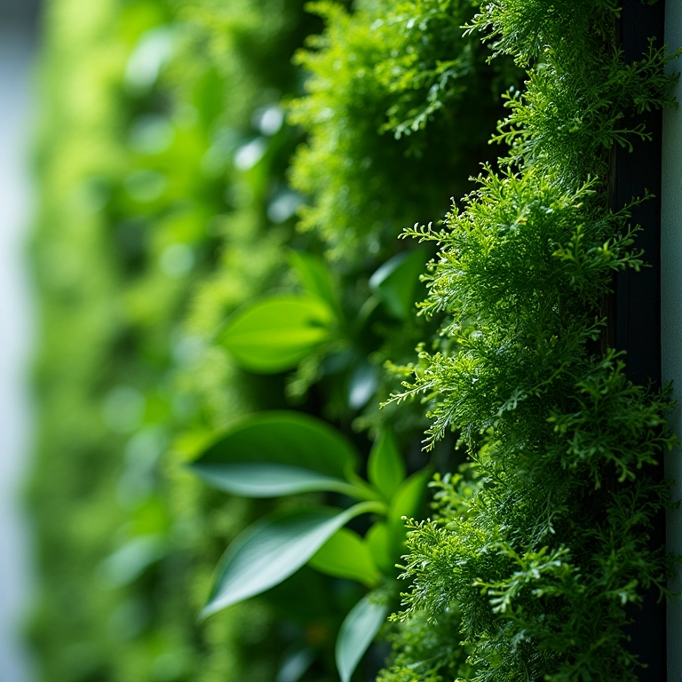 Painel de folhagens artificiais com foco na textura e durabilidade.