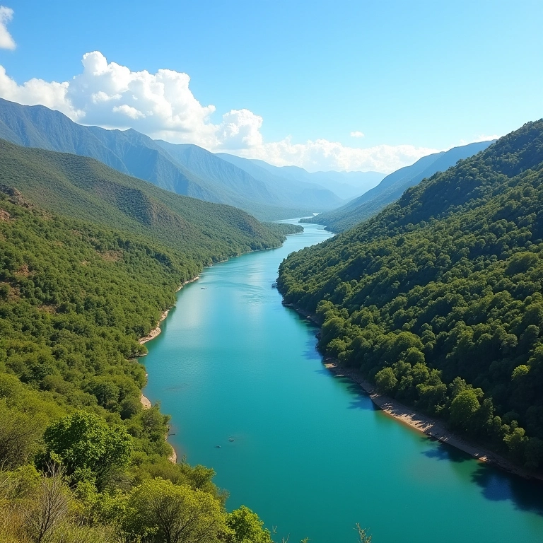 Paisagem de Bonito na época seca, com céu claro e rios de cor turquesa.