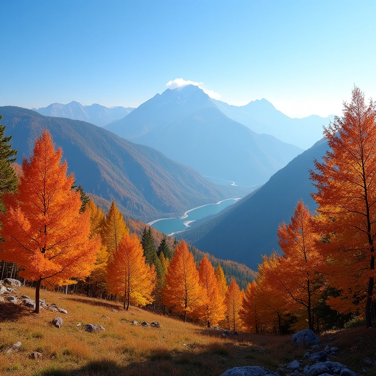 Paisagem de montanha com folhagem vibrante, ideal para casamento no outono.