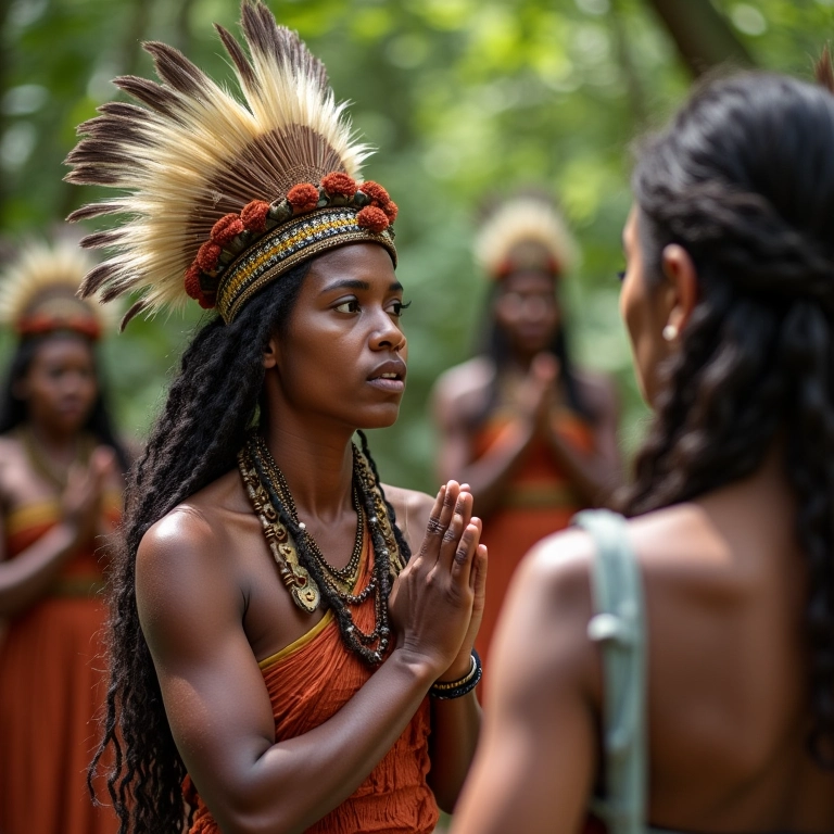 Pajé abençoando os noivos durante cerimônia de casamento indígena.