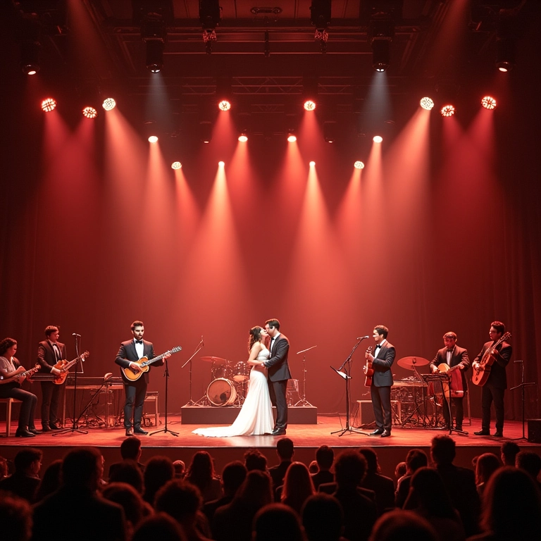 Palco de casamento com 5 músicos, demonstrando o tamanho ideal para a banda.