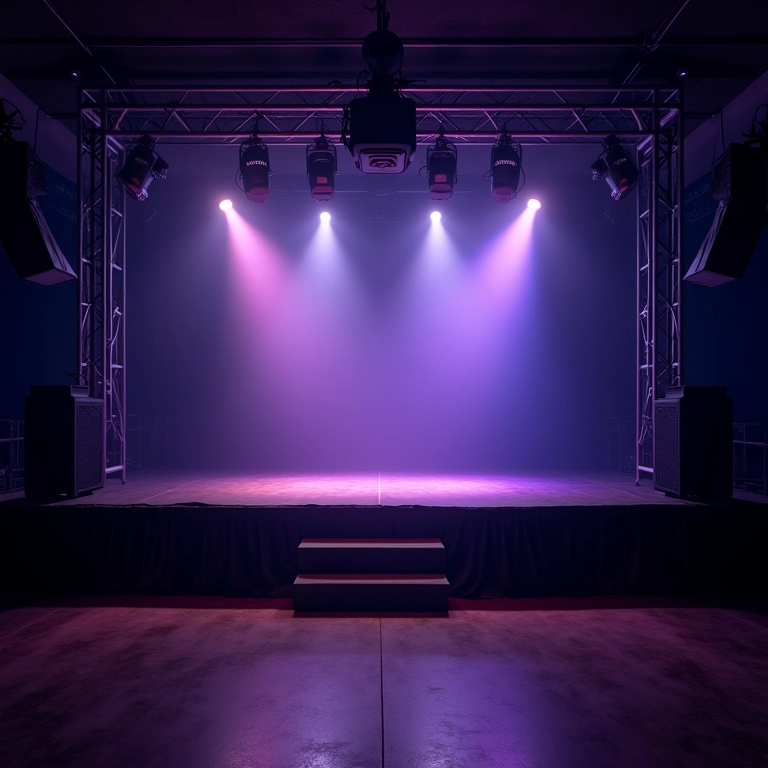 Palco vazio com sistema de som e iluminação profissional antes de uma festa.