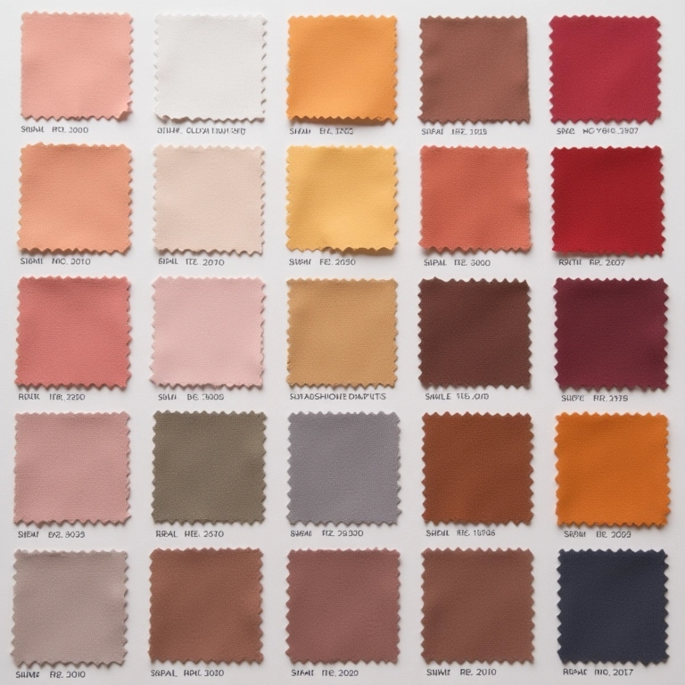 Paleta de cores para decoração de casamento com amostras e tecidos.