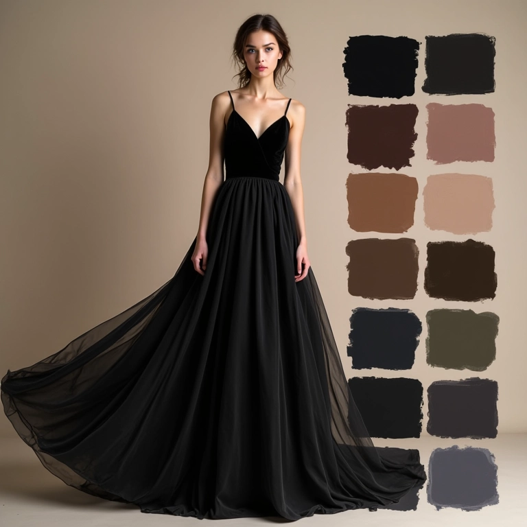 Paletas de cores mostrando combinações com um vestido de noiva preto.