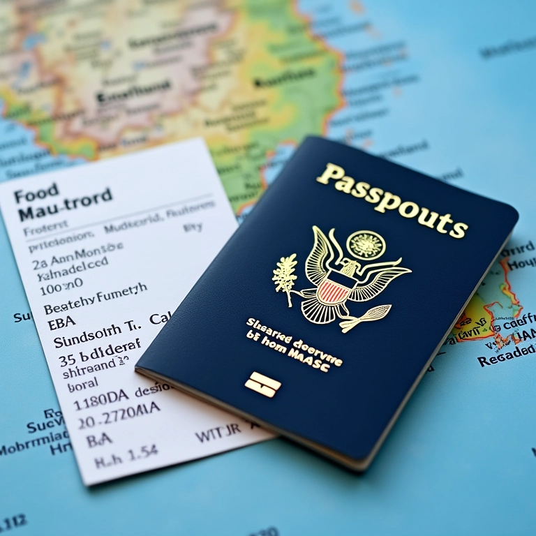 Passaporte e cartão de embarque sobre um mapa das Ilhas Maurício.