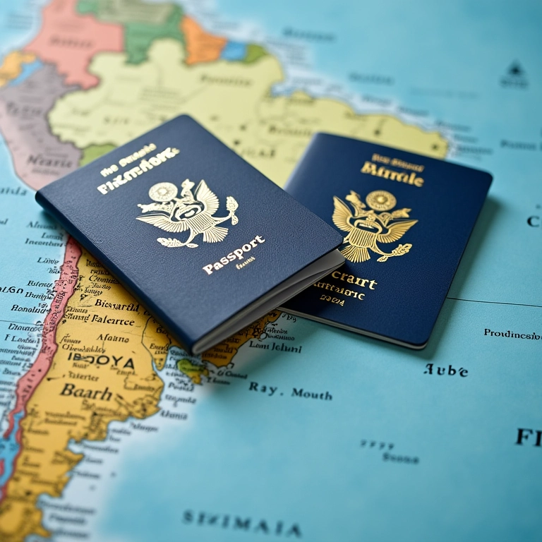 Passaporte e passagens aéreas em um mapa da Bahia.