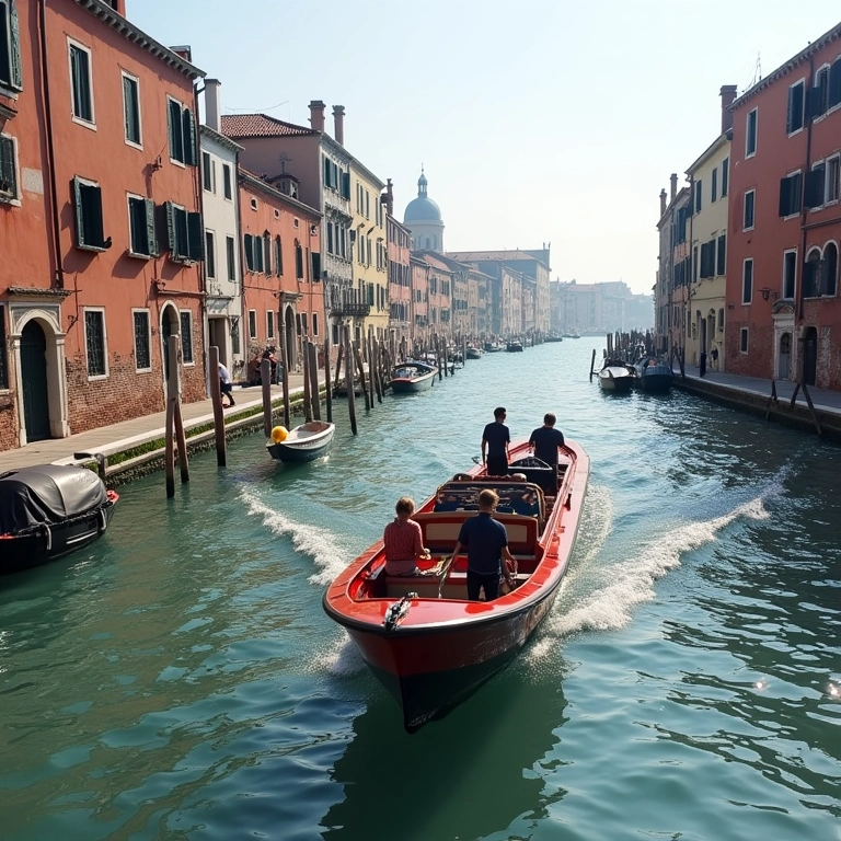 Passeio de barco menor em um canal de Veneza, uma alternativa à gôndola.