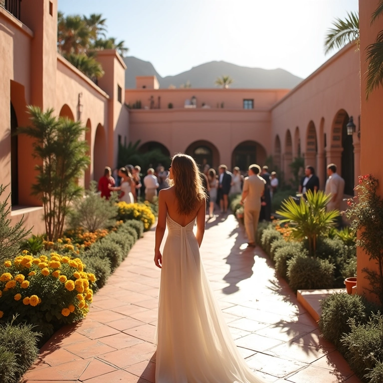 Pátio de riad marroquino decorado para casamento, com convidados diversos.