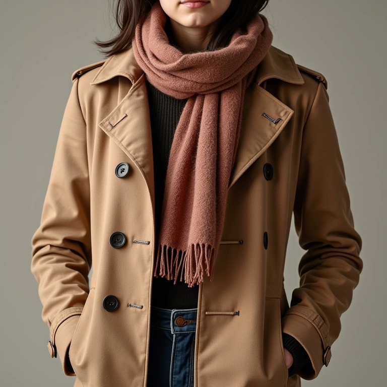 Peças essenciais de inverno: casaco, cachecol e suéter.