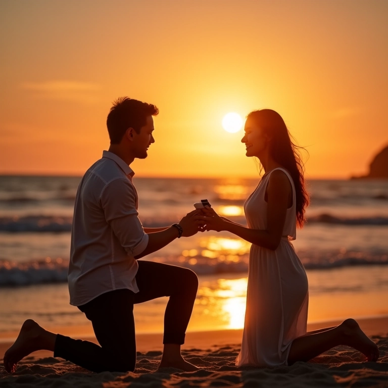 Pedido de casamento surpresa em praia tropical ao pôr do sol.