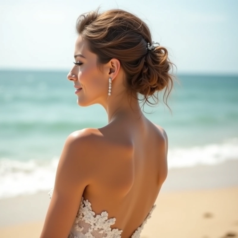 Penteado preso ideal para um casamento na praia, leve e natural.
