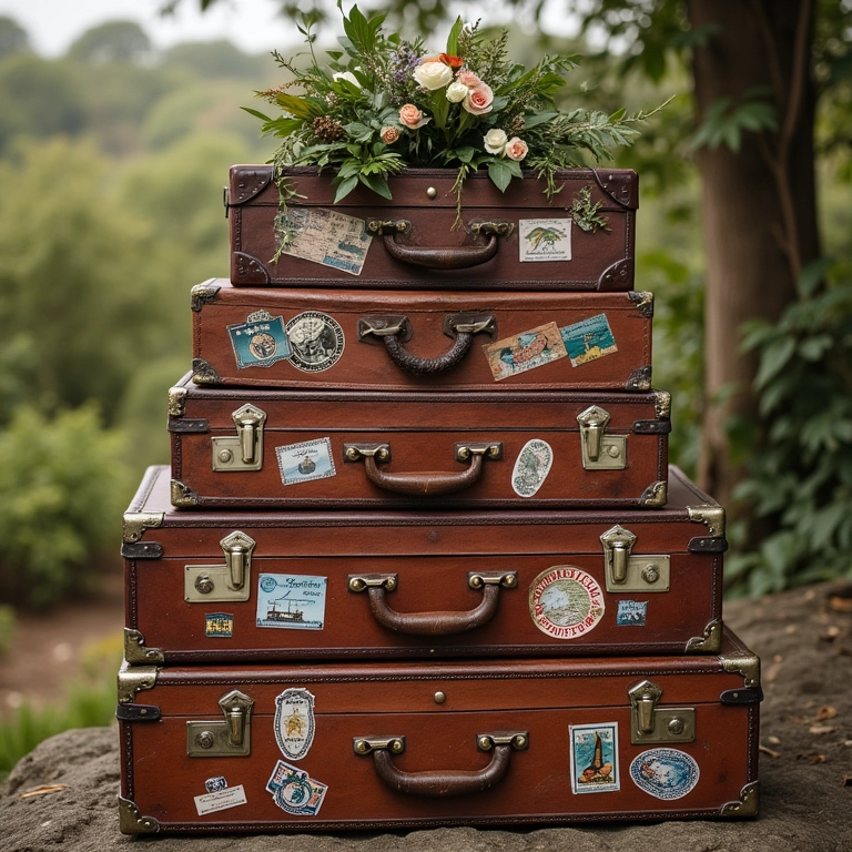 Pilhas de malas antigas decoradas com adesivos de viagem como elemento de decoração de casamento.