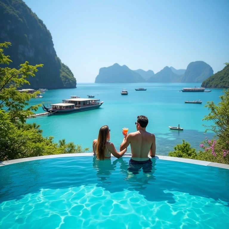Piscina de resort de luxo com vista para Maya Bay em Phi Phi.
