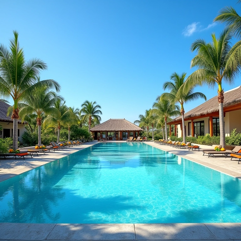 Piscina do Zagaia Eco Resort, Bonito, com palmeiras e céu azul.