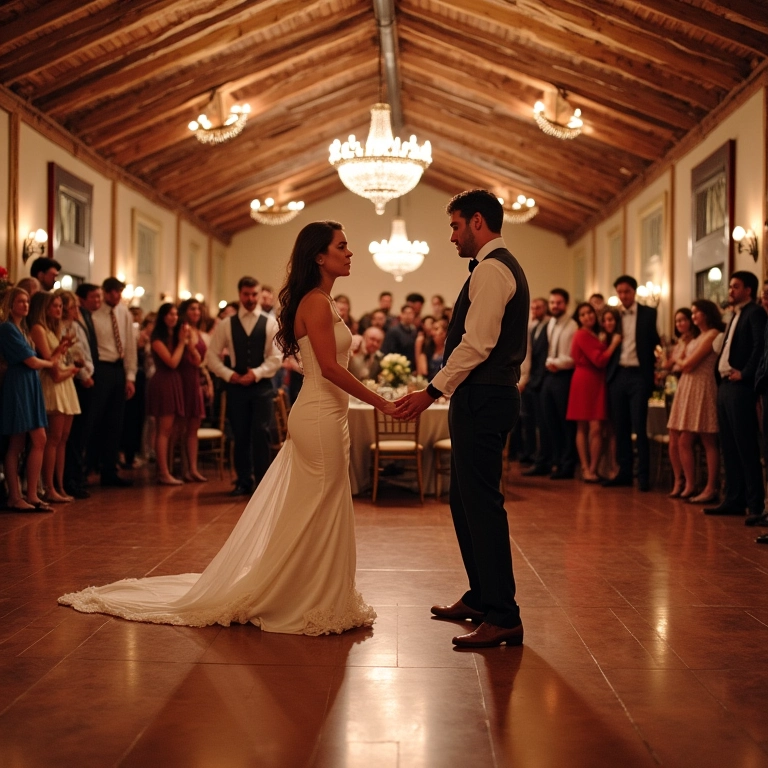Pista de dança vazia em festa de casamento.