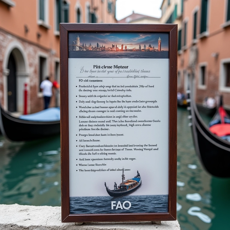 Placa de FAQ com perguntas frequentes sobre passeios de gôndola em Veneza.