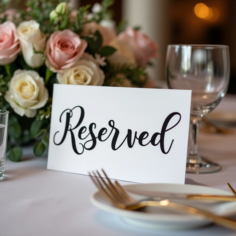 Placa de reservado em mesa de casamento.